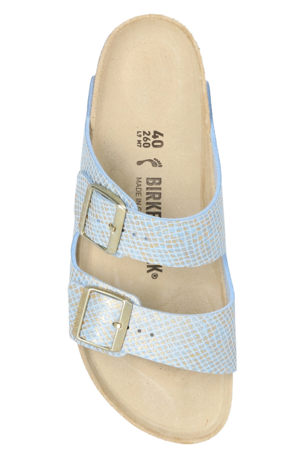 Birkenstock on sale Arizona shiny python dusty blue sandal. Size: 8, 39